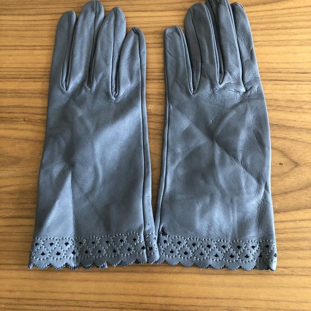 Luciano Firenze Gray Leather Gloves Etched Border Made in Italy Luxury Quality - Picture 7 of 9